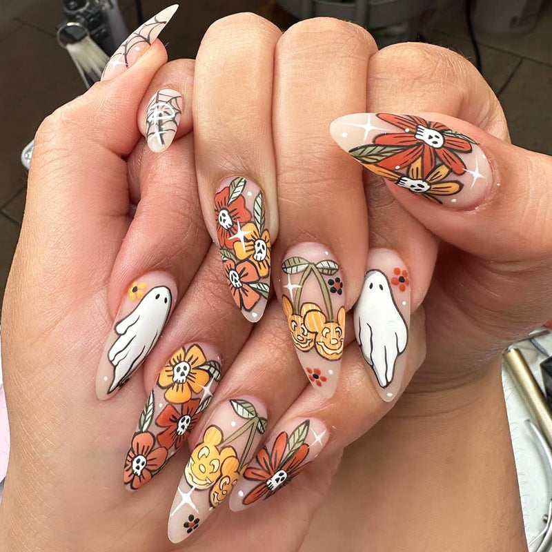 Spooky Floral Long Long Almond Shape Orange and White Ghost and Flower Design Press On Nail Set