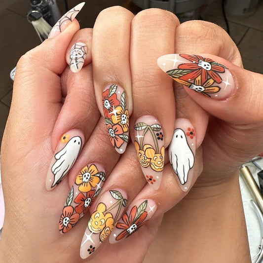 Spooky Floral Long Long Almond Shape Orange and White Ghost and Flower Design Press On Nail Set