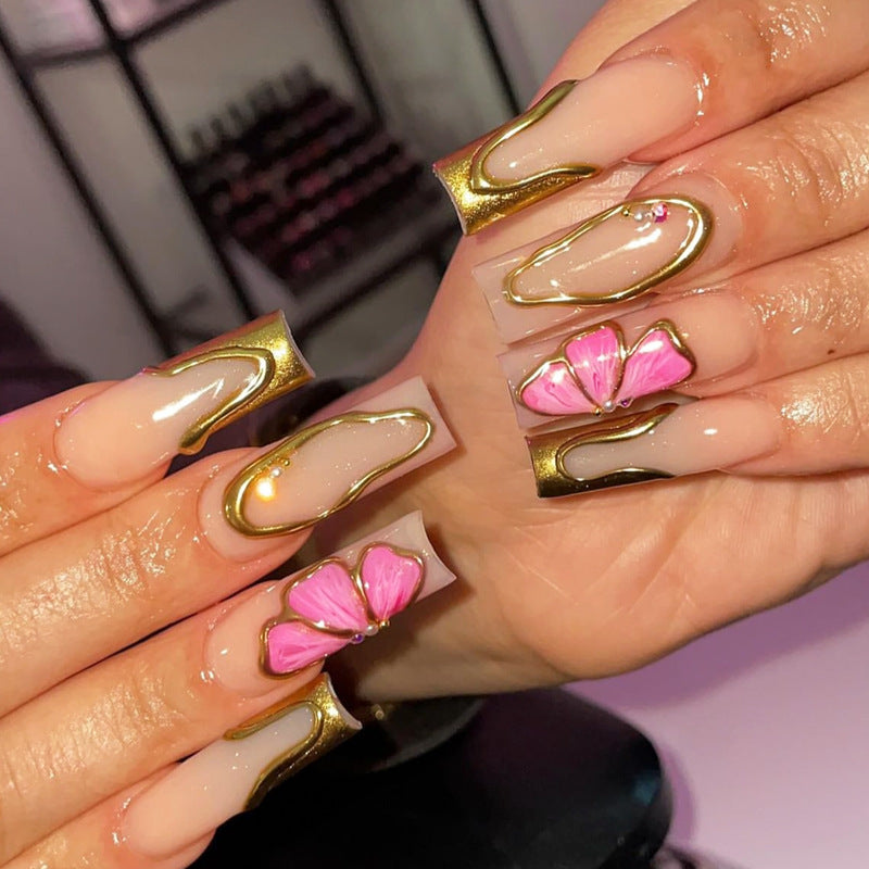 Floral Elegance Long Square Natural Pink Nails with 3D Flower Details and Gold Accents