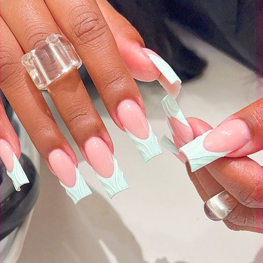 Marble Serenity Long Square Mint and Pink Press On Nail Set with Unique Swirl Design