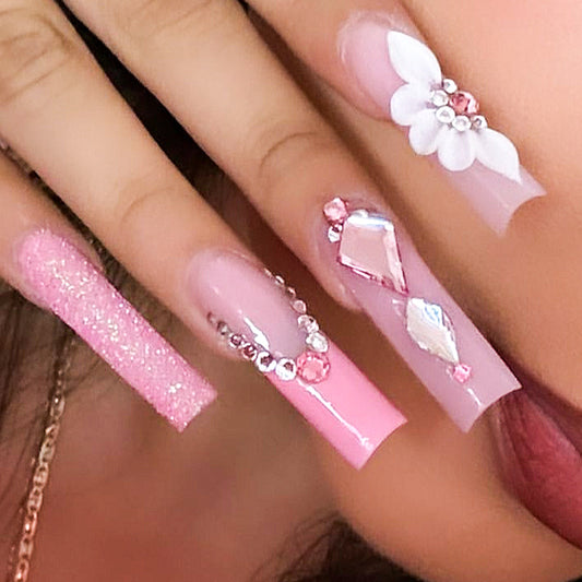 Chic Blossom Glam Long Square Pink with Floral Accents and Gemstone Embellishments Press On Nail Set