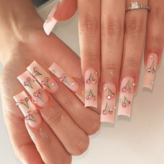 Cherry Blossom Dream Long Square Light Pink Press On Nail Set with Floral and Gem Accents