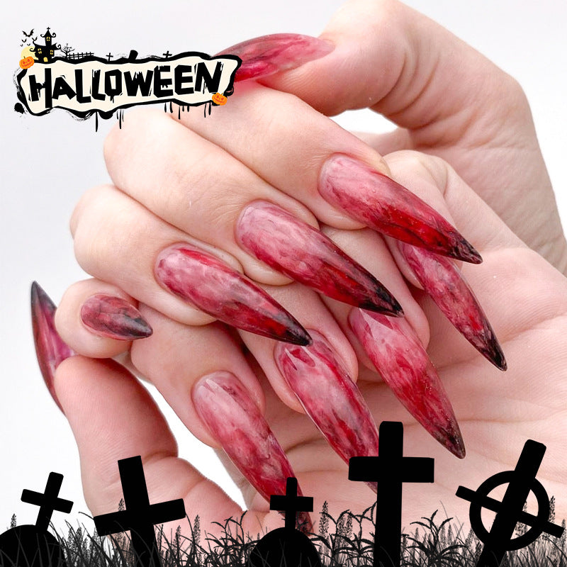 Halloween Inspired Long Stiletto Red and Black Gradient Press On Nail Set with Glossy Finish