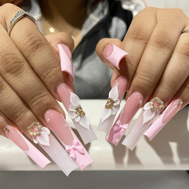 Charming Floral Fantasy Long Square Shape Pink Press On Nail Set with 3D Flower Details and Elegant Rhinestones
