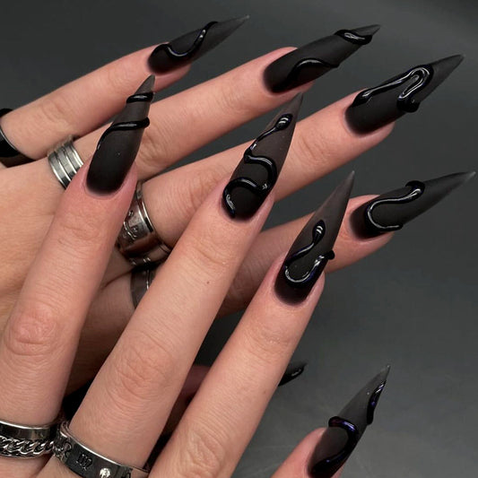 Mystical Night Long Stiletto Black Press On Nail Set with Glossy Drip Design