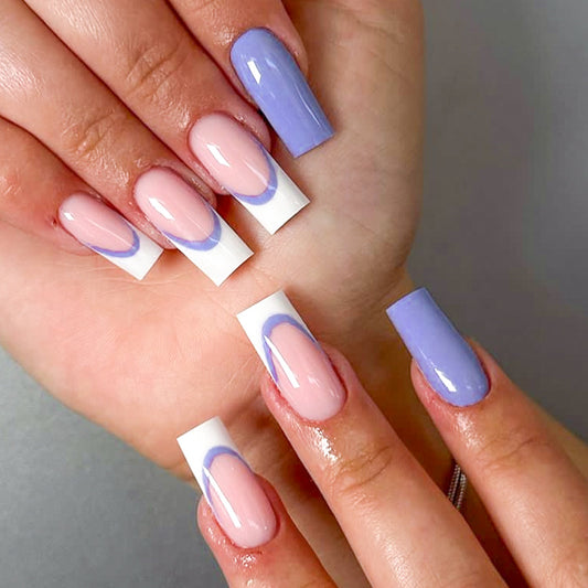 Lavender Dreams Long Square Press On Nail Set in Soft Pink and Light Purple with Unique Abstract Design