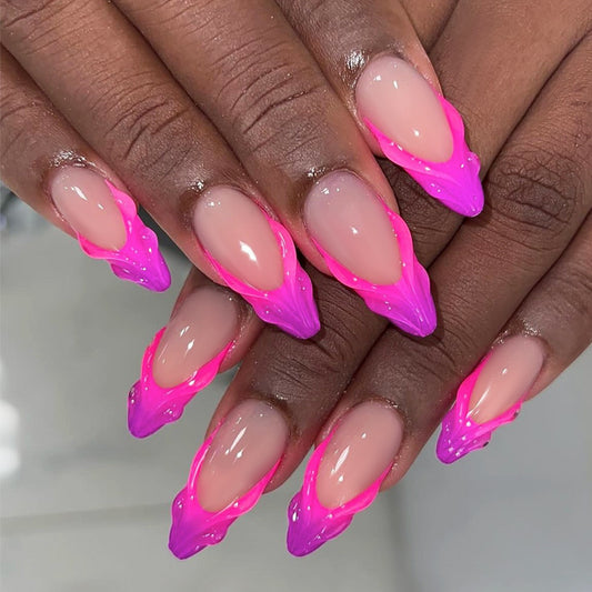 Floral Fantasy Long Stiletto Press On Nail Set in Pink and Purple with Unique Wave Design