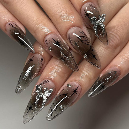 Enchanted Night Long Stiletto Ombre Brown Press On Nail Set with Sparkling Butterfly Accents
