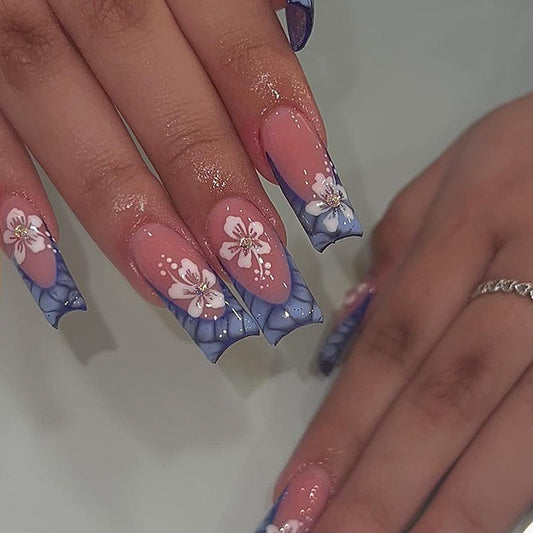 Floral Fantasy Long Square Pink and Blue Press On Nail Set with 3D Flower Decorations