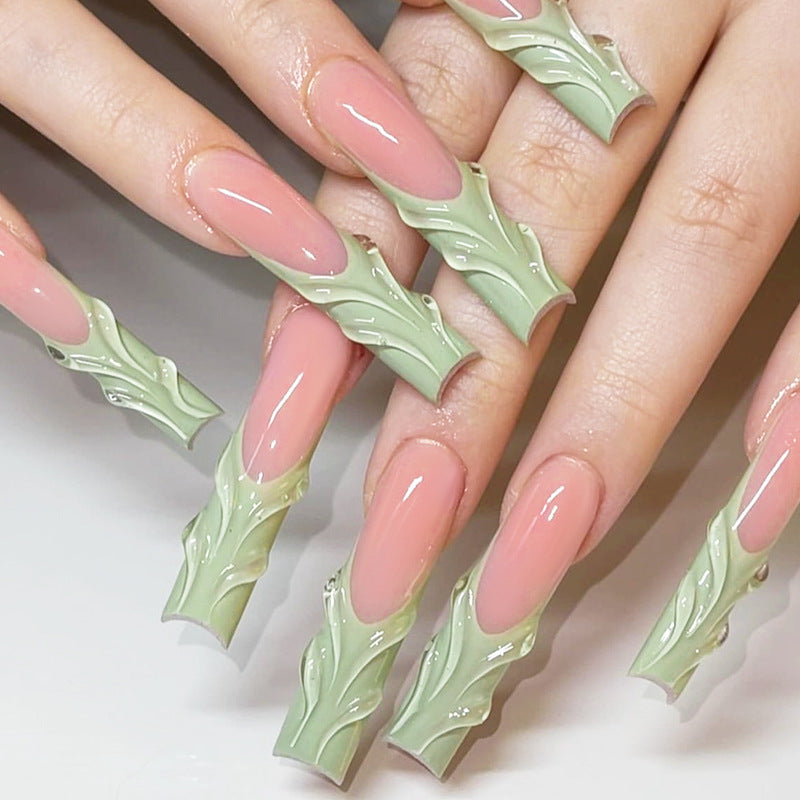 Enchanted Forest Long Square Shape Pink Press On Nails with Green Sculpted Leaf Accents
