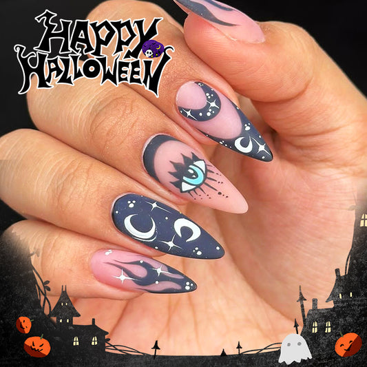 Halloween Themed Long Stiletto Purple and Pink Press On Nail Set with Mystical Eye and Celestial Designs