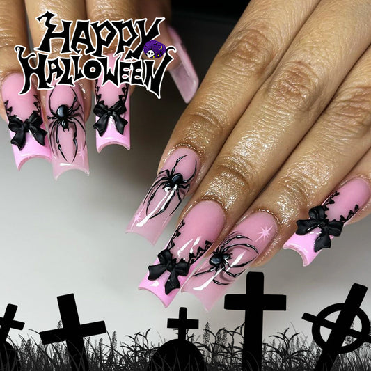Spooky Long Square Pink Press On Nail Set with Black Spider and Bow Designs Perfect for Halloween