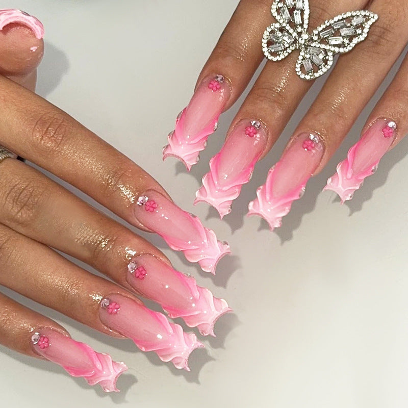 Charming Floral Fantasy Long Square Shape Light Pink Press On Nail Set with Whimsical Ruffled Edges and Gemstone Accents