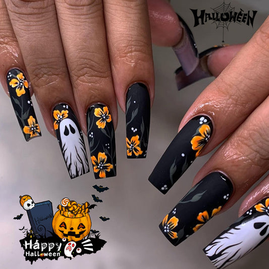 Halloween Floral Long Square Black and Orange Press On Nail Set with Ghost Design