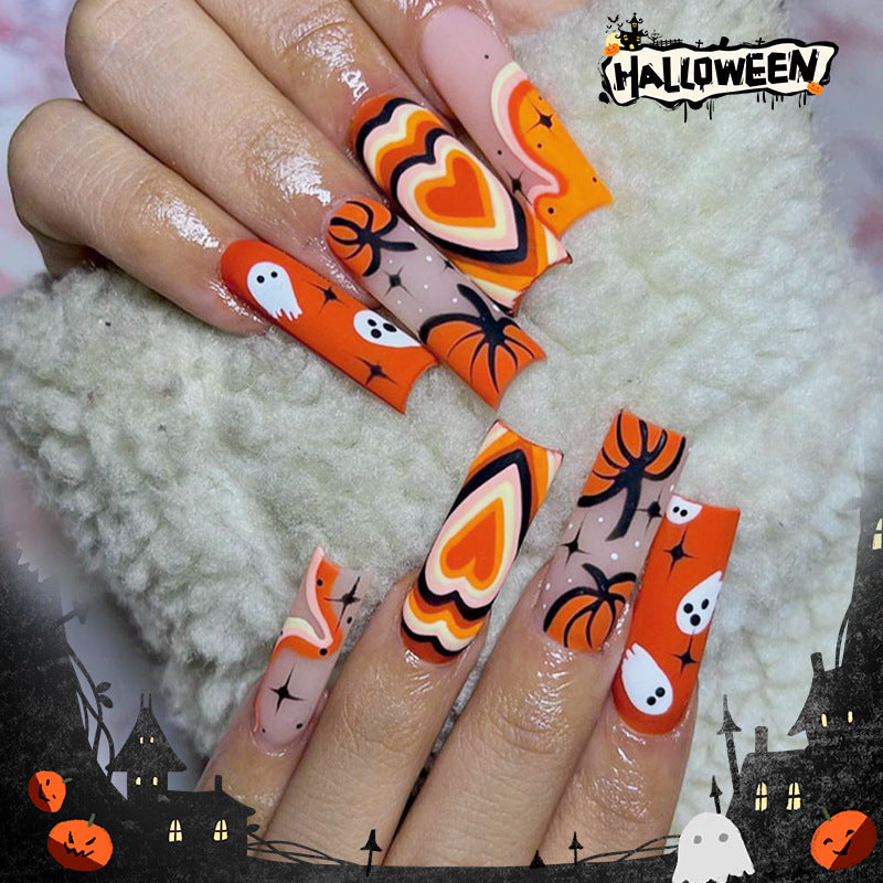 Halloween Inspired Long Square Shaped Orange Press On Nail Set with Ghosts and Spider Design