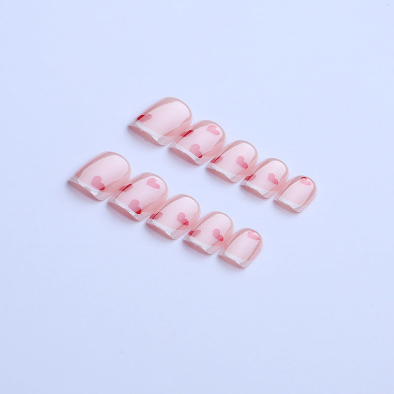 Charming Pink Heart Short Square Press On Nail Set with Glossy Finish