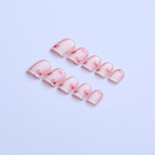 Charming Pink Heart Short Square Press On Nail Set with Glossy Finish