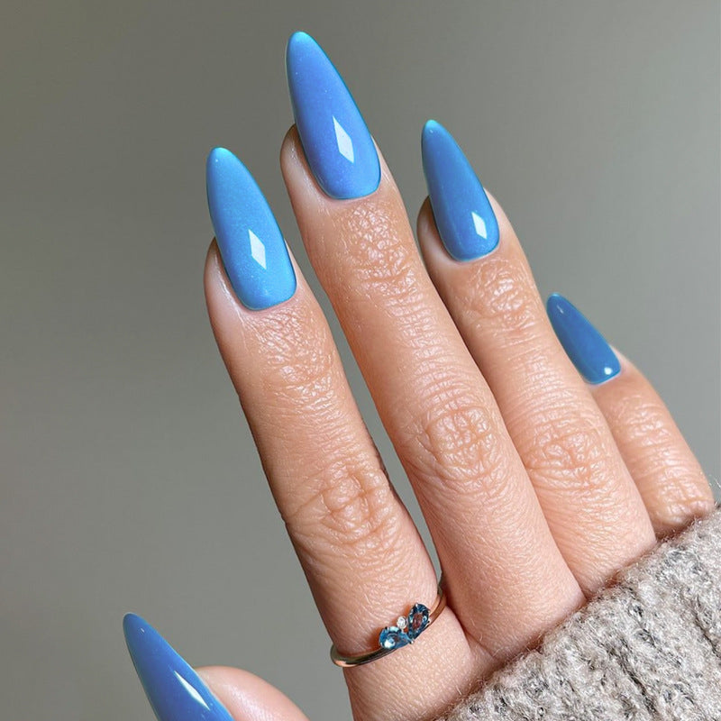 Ocean Breeze Long Stiletto Shape Glossy Sky Blue Press On Nail Set with Sparkling Detail