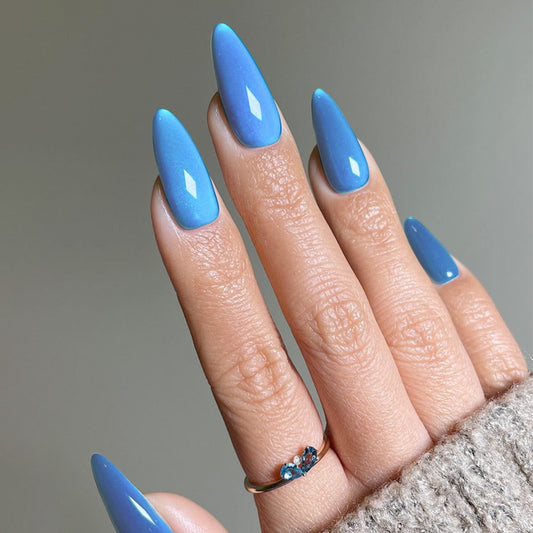 Ocean Breeze Long Stiletto Shape Glossy Sky Blue Press On Nail Set with Sparkling Detail