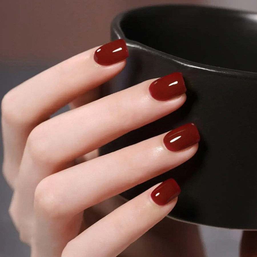 Elegant Evening Short Square Burgundy Press On Nail Set with Glossy Finish 2