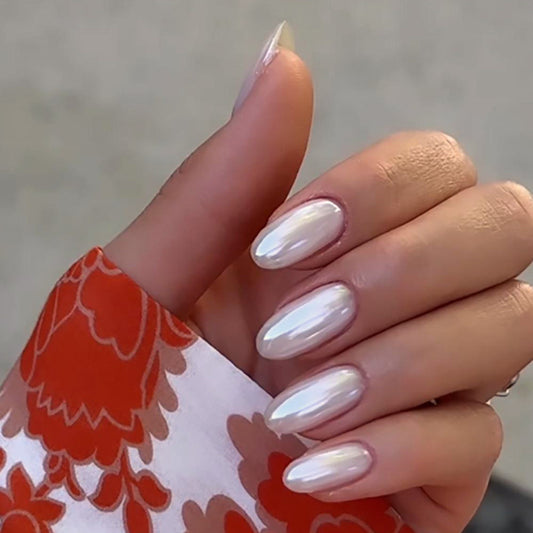 Elegant Mermaid Fantasy Long Oval White Shimmering Press On Nail Set