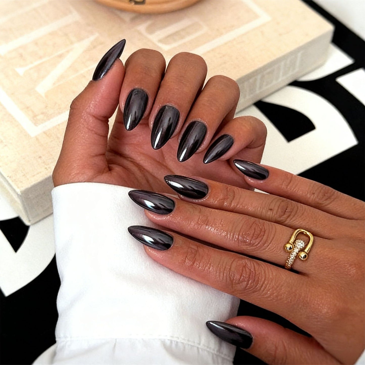 Gothic Glamour Long Almond Shape Dark Metallic Press On Nail Set with Stunning Mirror Finish