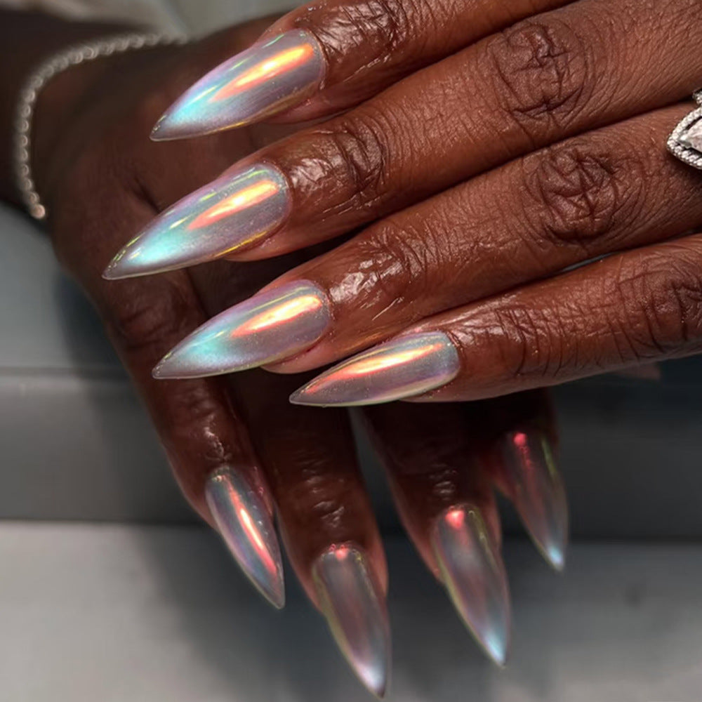Celestial Elegance Long Almond Rainbow Holographic Press On Nail Set