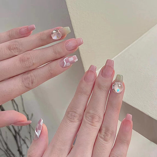 Elegant Charm Long Length Square Shape Pink Press on Nail Set with Rhinestone Accents