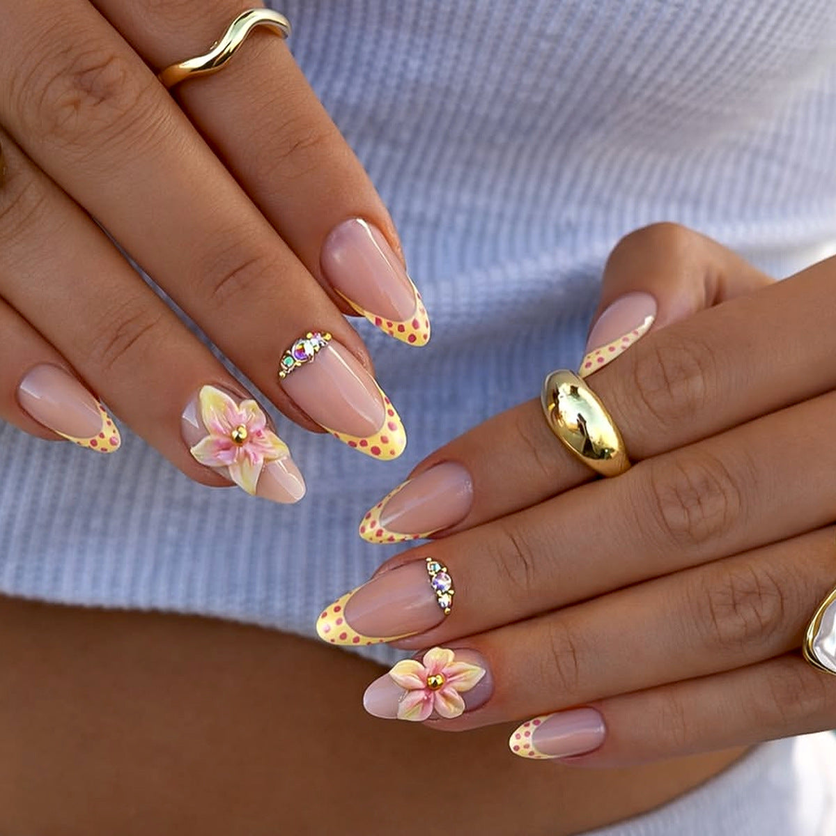 Tropical Bliss Medium Almond Yellow Polka Dot Design Press On Nail Set