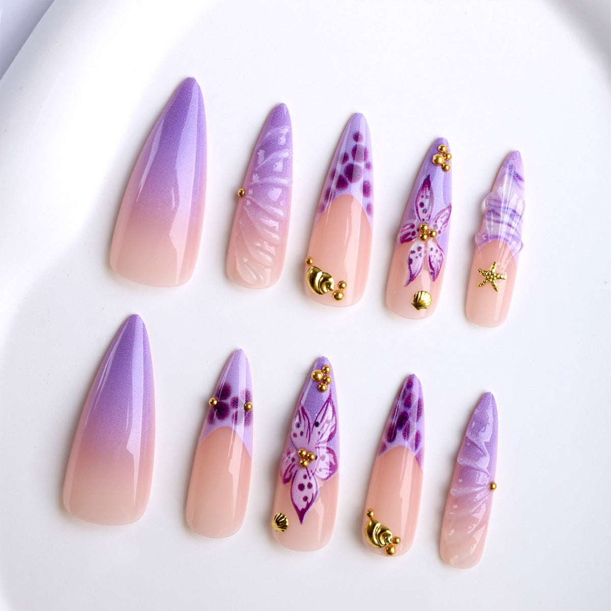 Whimsical Floral Fantasy Long Stiletto Purple Ombre with Gold Accents Nail Set