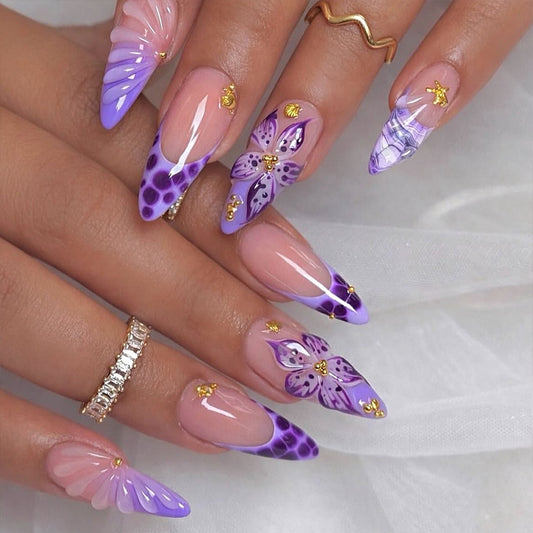 Garden Blossom Long Stiletto Purple Floral Press On Nail Set