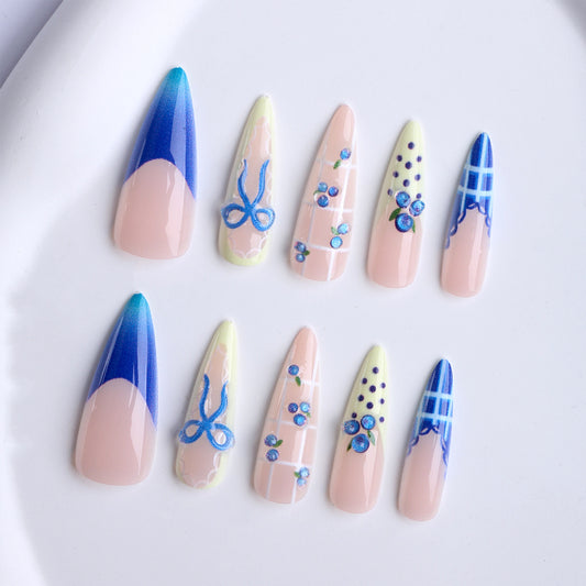 Dreamy Blossom Long Stiletto Blue Ombre Design Press On Nail Set