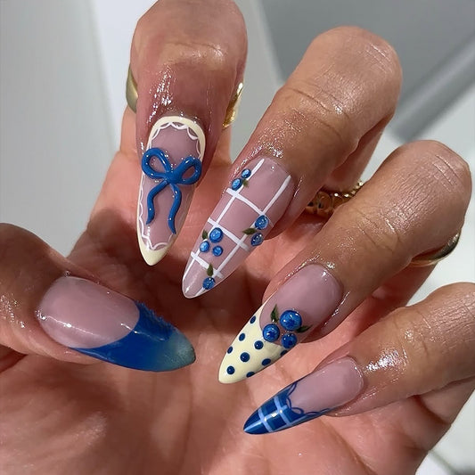 Charming Bridal Fantasy Long Stiletto Blue Floral Design Press On Nail Set
