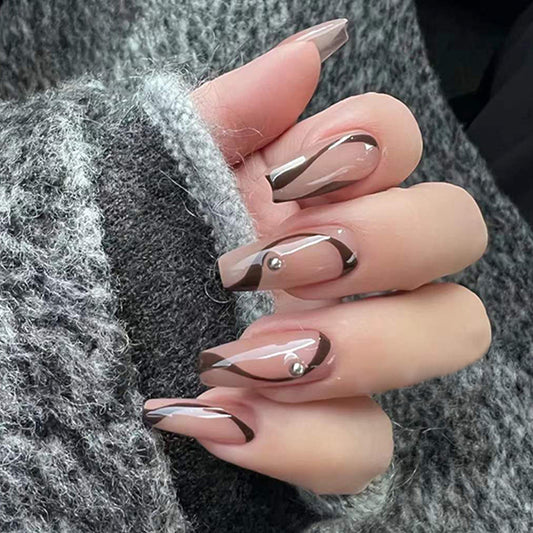 Elegant Chic Long Coffin beige Press On Nail Set with Silver Stripe Accent and Rhinestone Detail