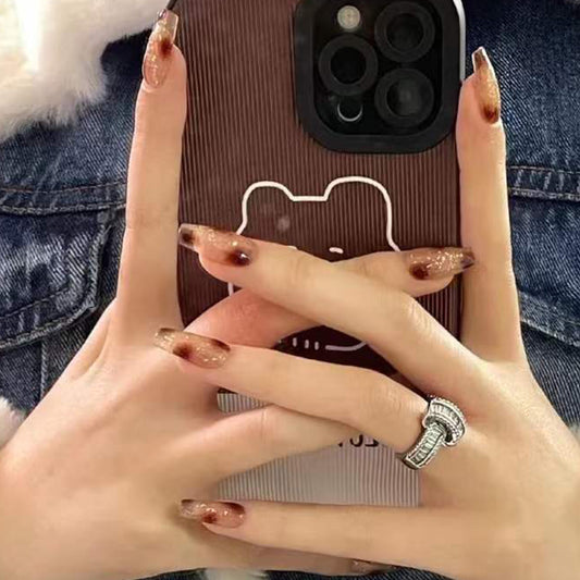 Autumn Elegance Long Coffin Brown Glitter Accent Press on Nail Set