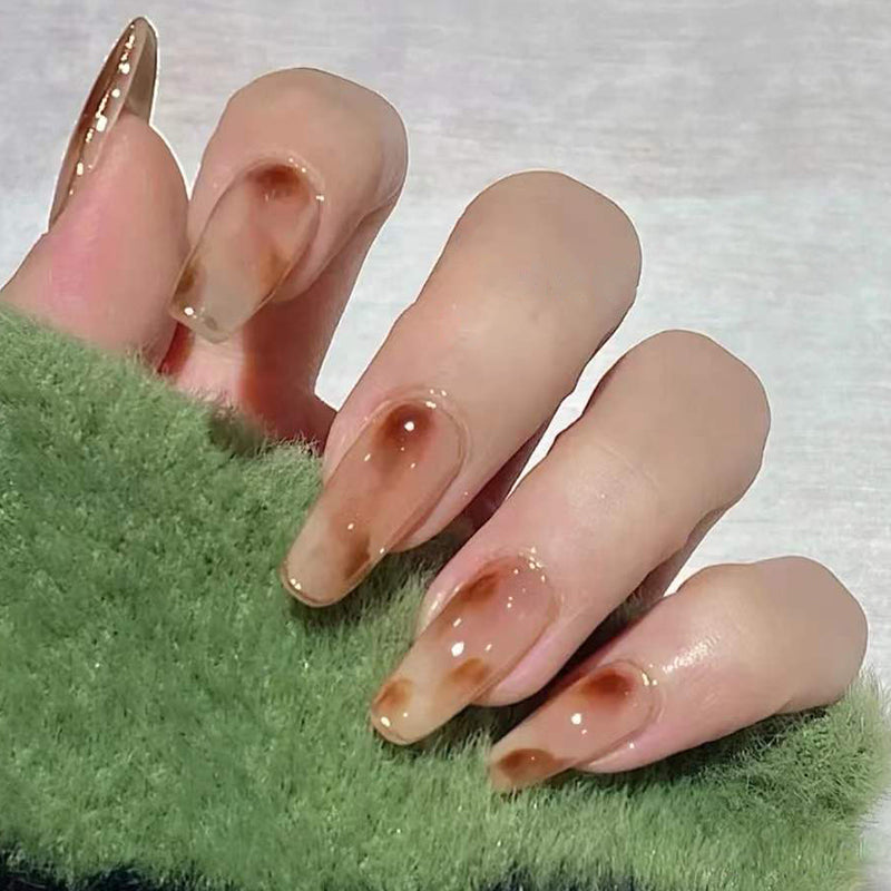 Elegant Autumn Coffin Long Beige Press On Nail Set with Gold Fleck Accents