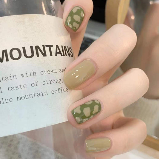 Camouflage Chic Medium Length Square Olive Green Press On Nail Set with Accent Camo Design