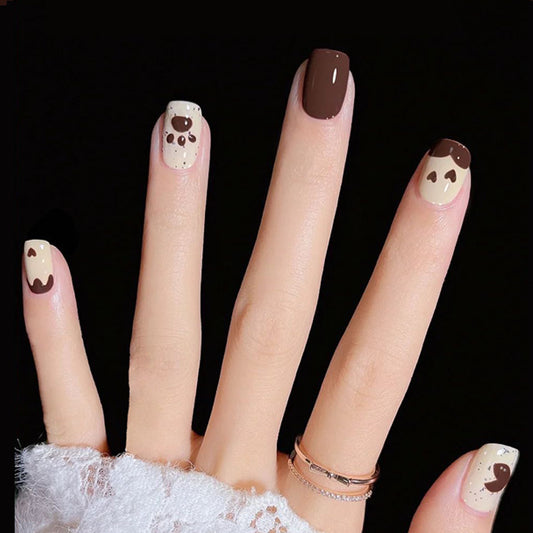Chic Coffeehouse Medium Square Brown and Cream Press On Nail Set with Adorable Bear Accents