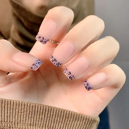 Safari Elegance Medium Length Square Pink Press On Nails with Leopard Print Accents