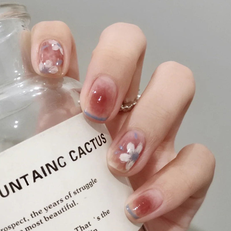 Floral Elegance Short Square Pink Ombre Press On Nail Set with Delicate Flower Accents
