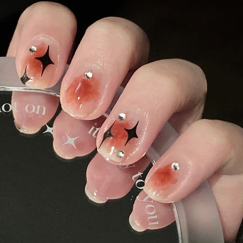 Enchanted Twilight Medium-Length Square Peach Press On Nails with Silver Gem Accents and Starry Detail