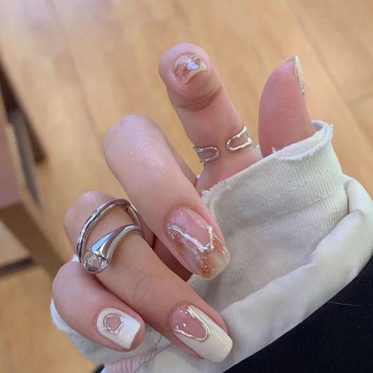 Elegant Bridal Collection Medium Square Beige Press On Nails with Glitter Accent