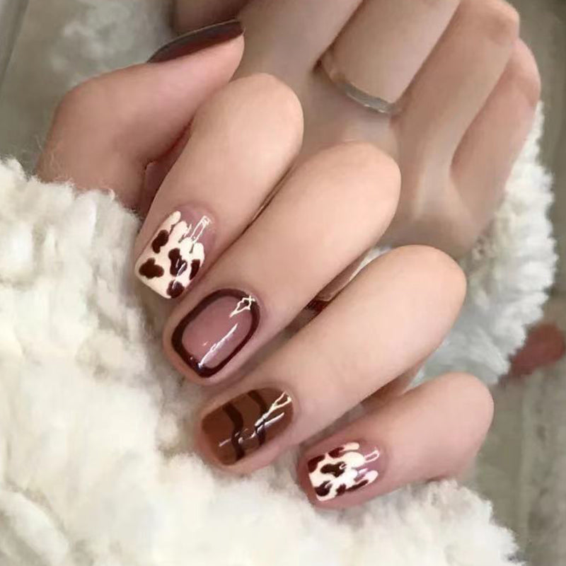 Safari Chic Short-Length Squoval Press On Nail Set in Brown & beige with Animal Print Accents