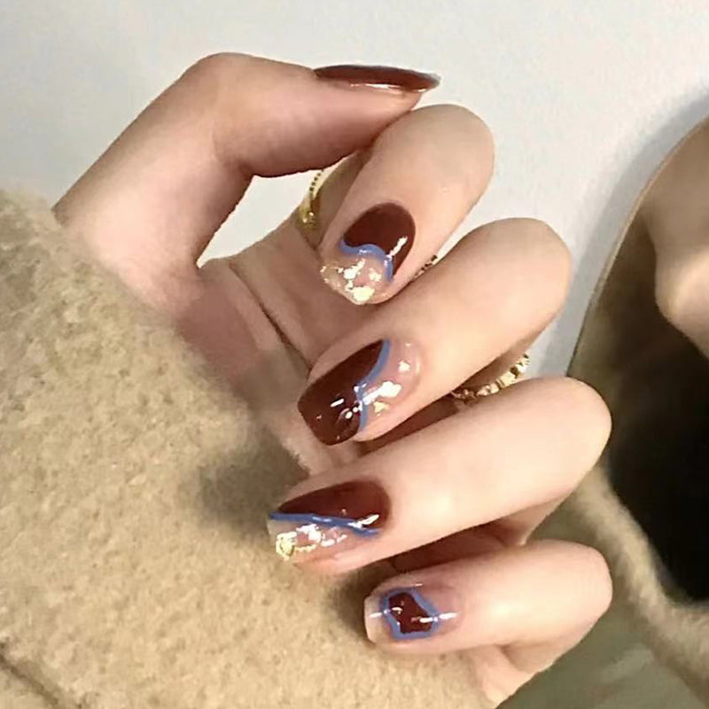 Autumn Elegance Long Square Maroon Press On Nails with Gold Foil Accents