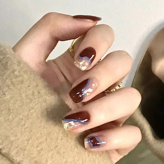Autumn Elegance Long Square Maroon Press On Nails with Gold Foil Accents