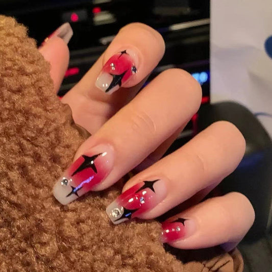 Enchanted Evening Long-Length Coffin Red and Silver Press On Nails with Star Accents and Rhinestone Embellishments