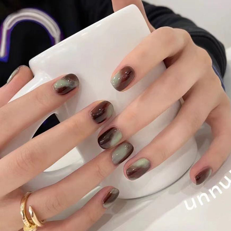 Elegant Evening Medium-Length Oval Maroon to Gray Ombre Press On Nails with Glossy Finish
