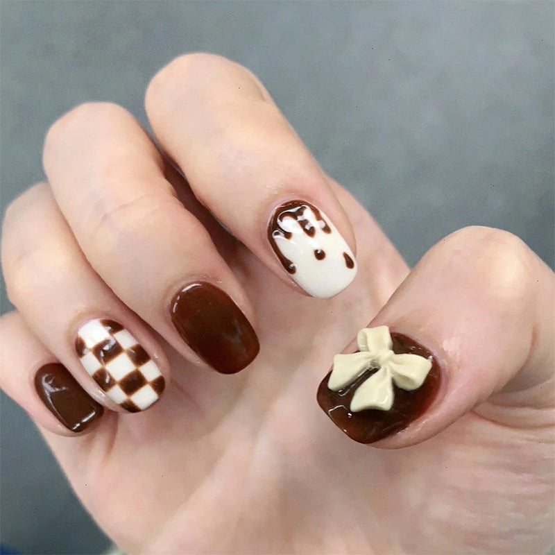 Autumn Elegance Medium Oval Brown Press On Nail Set with 3D Bow Accent and Marbled Design