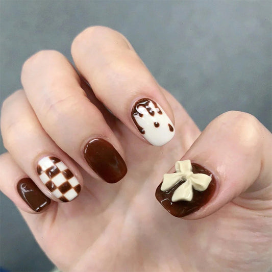 Autumn Elegance Medium Oval Brown Press On Nail Set with 3D Bow Accent and Marbled Design