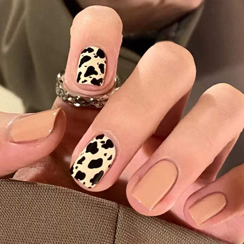Safari Elegance Medium Length Square Beige Press On Nail Set with Leopard Print Accent Nail